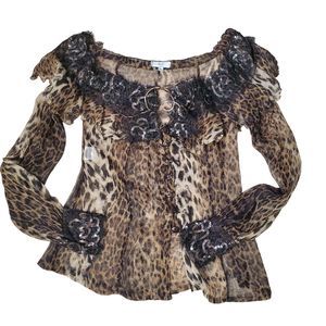 iKiTo Brown Leopard Print Lace Silk Chiffon Blouse Ruffled Sequin Top Scoop XS